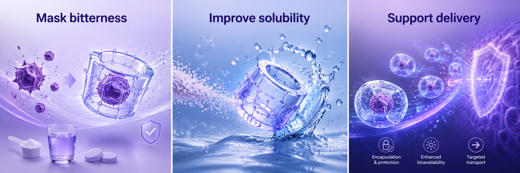 Gamma Cyclodextrin function graphic showing taste masking, solubility improvement and delivery support