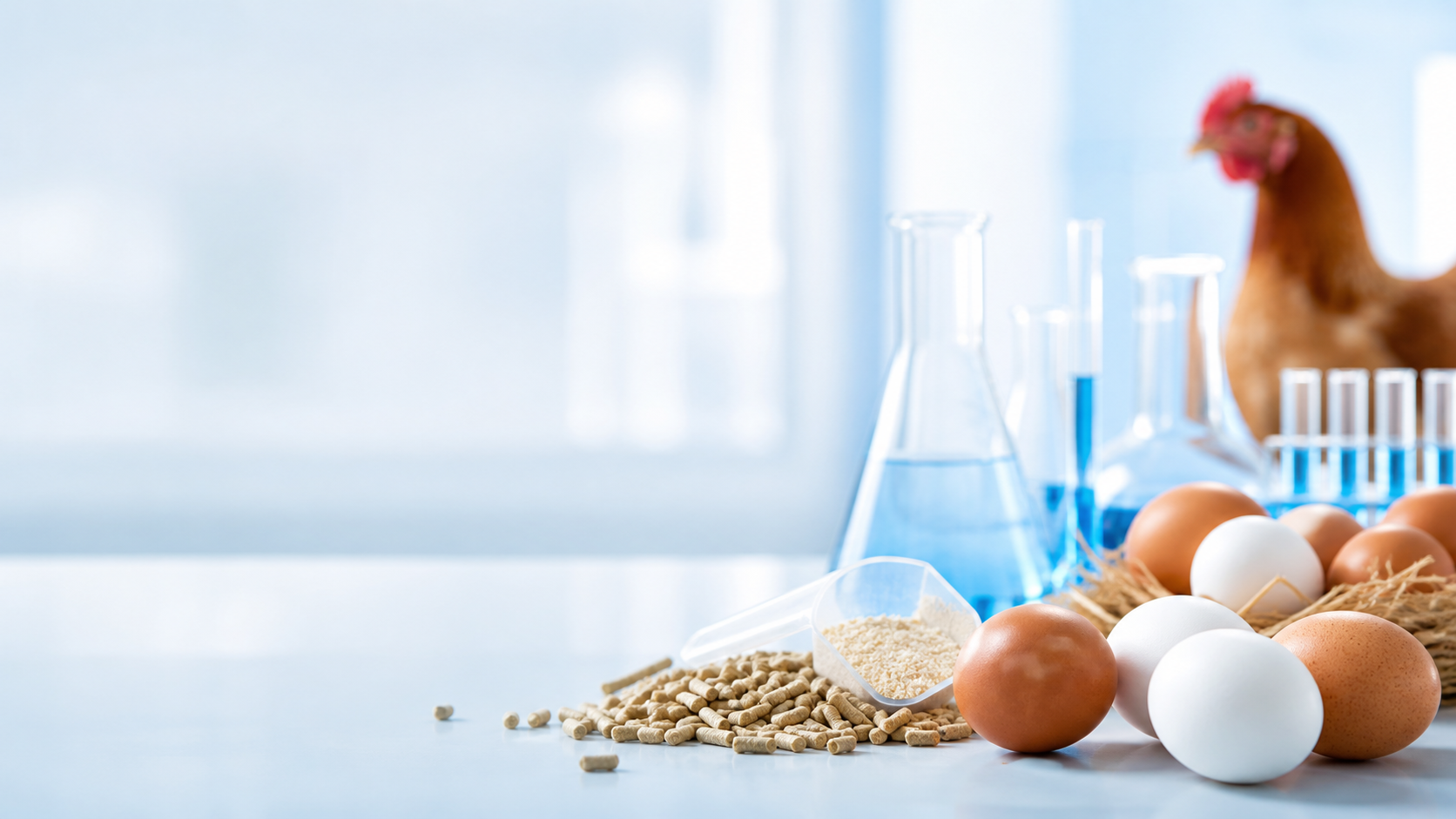 Eggs, feed pellets and laboratory materials in an animal nutrition application setting